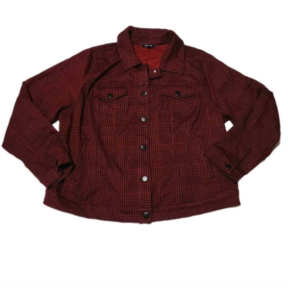Torrid Jacket Women's 3 Dark Red Black Plaid Crop Houndstooth Trucker Blazer EUC